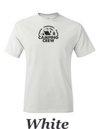 Fire Friends Fun Camping crew print on mens shirt.  Great shirt for group camping.