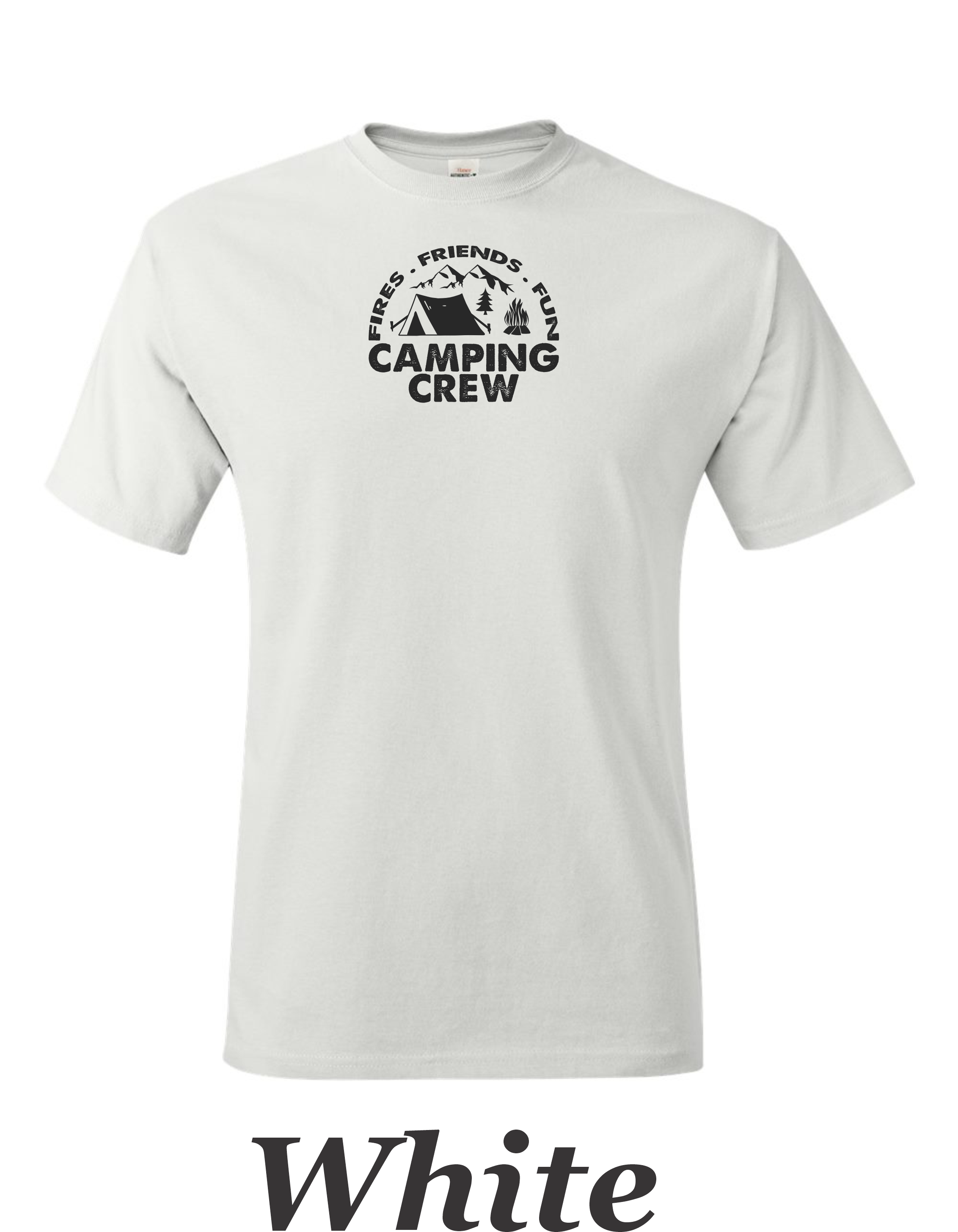 Fire Friends Fun Camping crew print on mens shirt.  Great shirt for group camping.