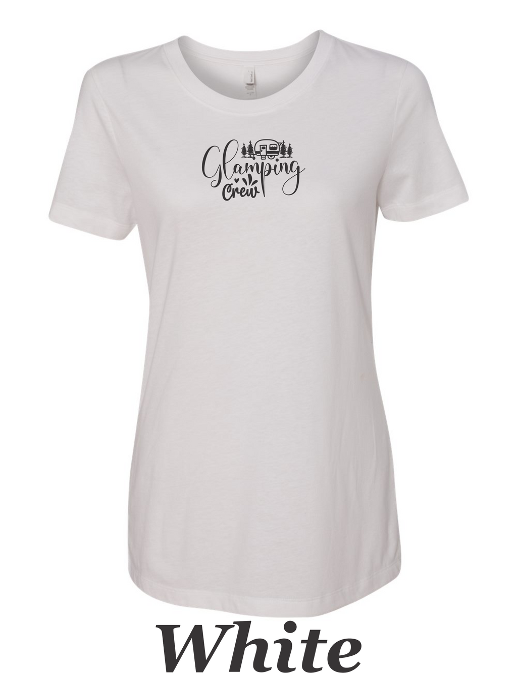 Glamping Crew printed on women's shirt.  Great for the Women's group camping trip.