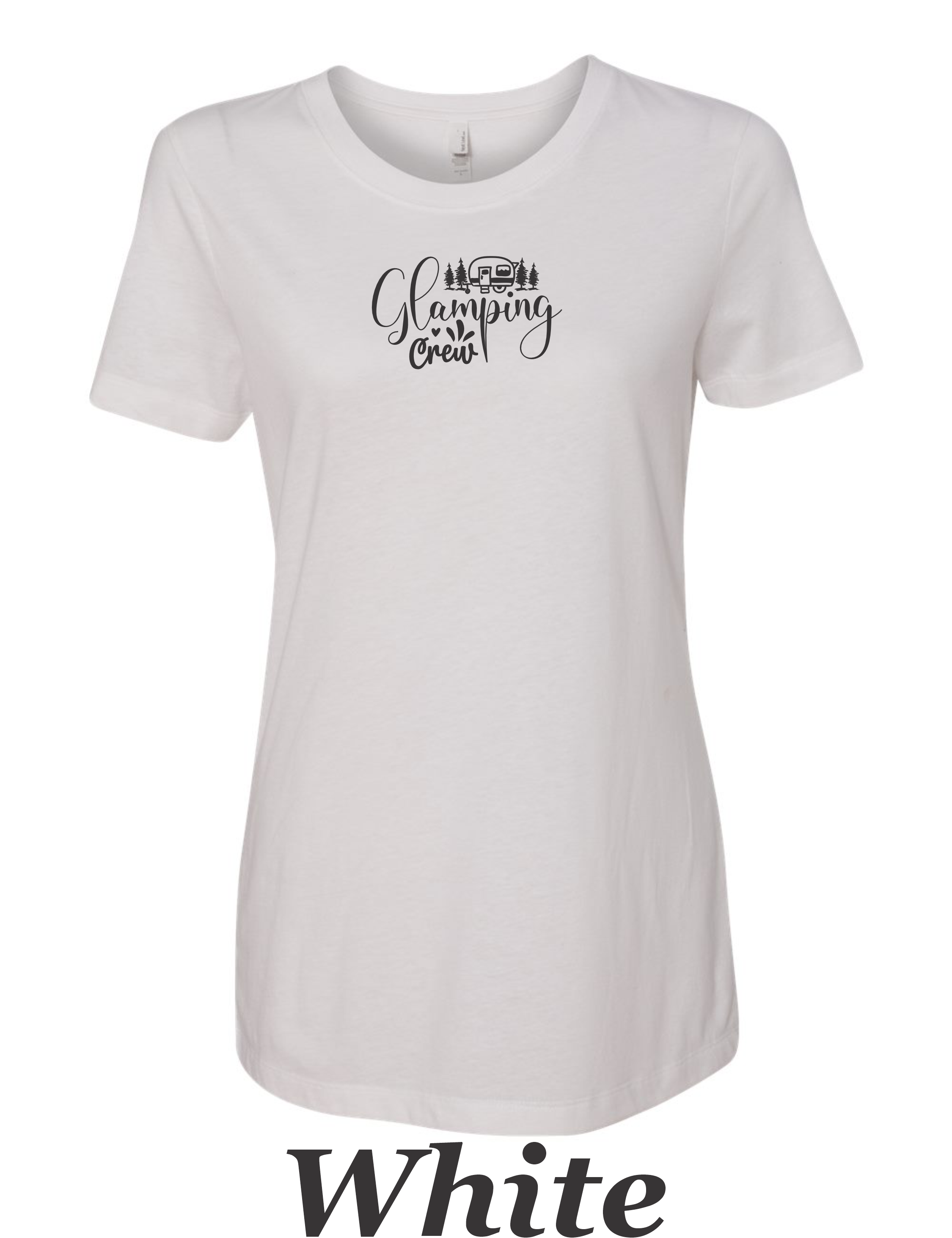 Glamping Crew printed on women's shirt.  Great for the Women's group camping trip.
