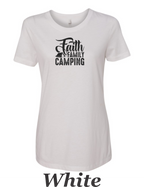 Faith Family Camping print on women's shirt. Great shirt for Family camping.