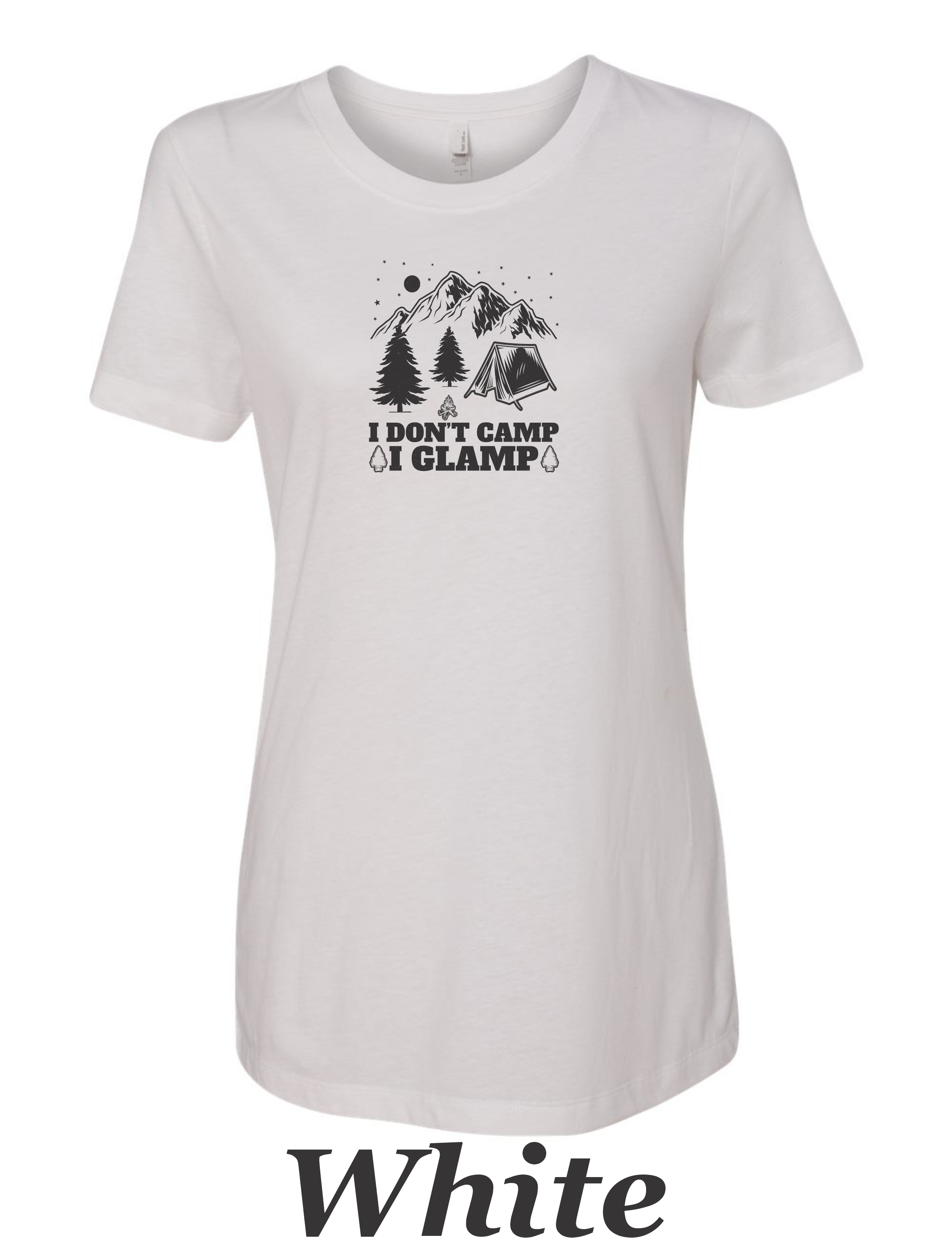 I don't Camp, I Glamp drawing printed on women's shirt.  Great gift for camping.