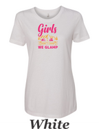 We don't camp We Glamp printed on womens shirt.  Great comping shirt.