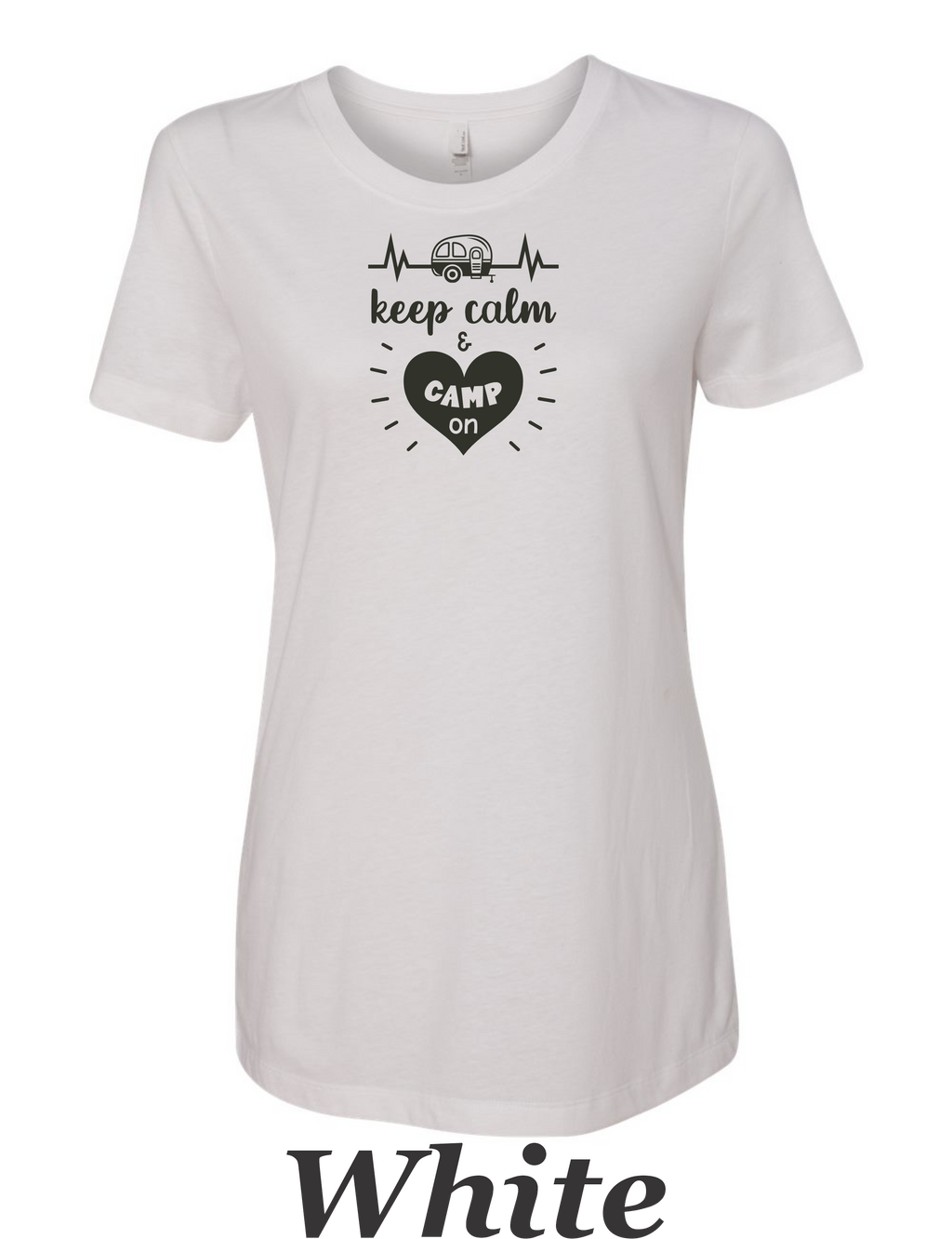 Keep Calm and Camp on print on women's shirt.  Great gift for the summer camping trip. .