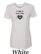 Keep Calm and Camp on print on women's shirt.  Great gift for the summer camping trip. .