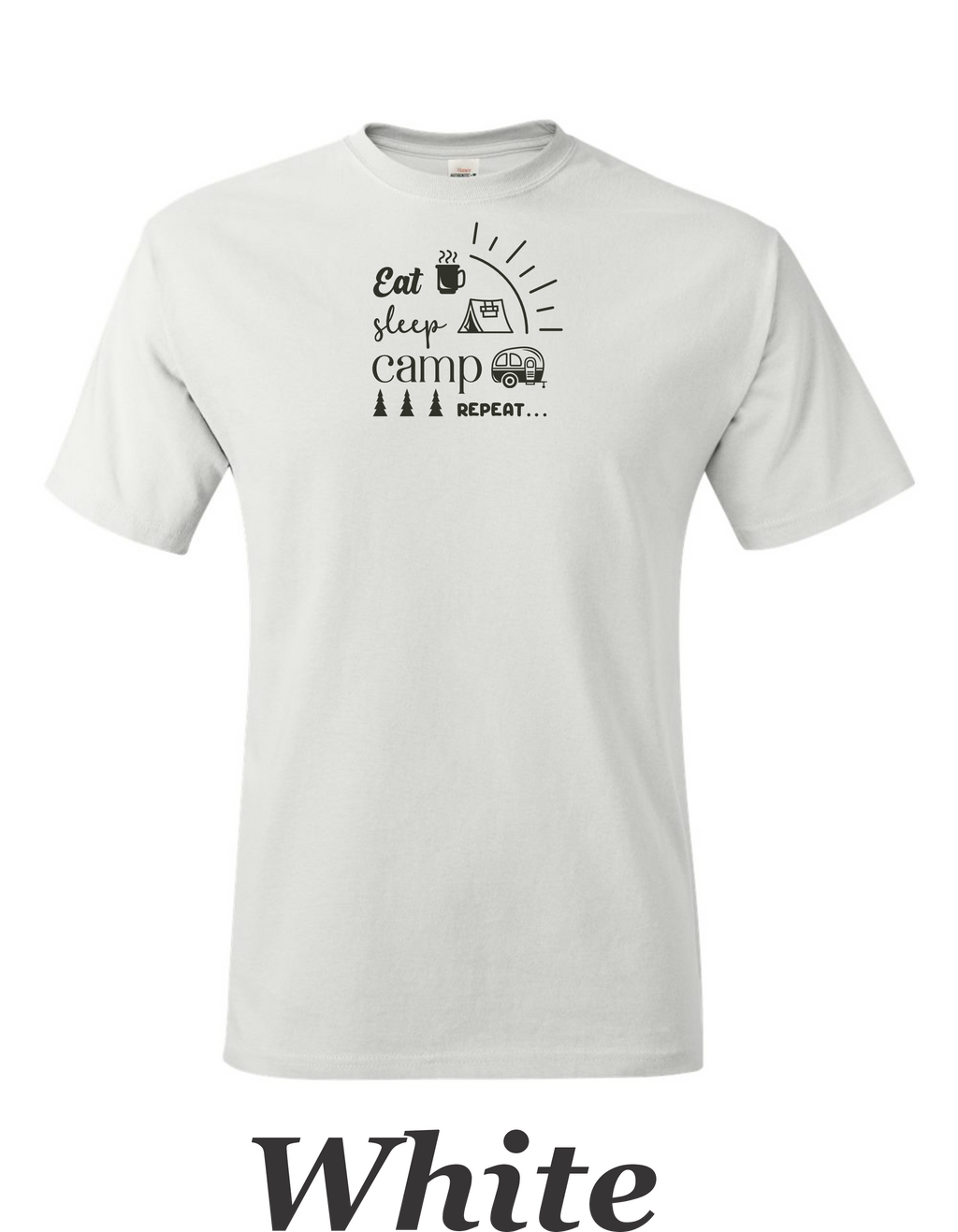 Eat, Sleep, Camp, Repeat print on mens shirt. Great gift for the camper.